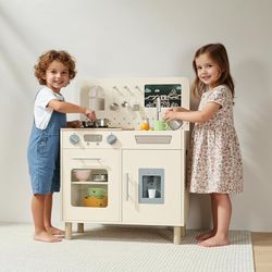 Wooden Kids Play Kitchen Set with Blackboard, Realistic Lights & Sounds, Interactive Pretend Kitchen with Stove, Water Dispenser, 6 Pcs Cookware & Cha