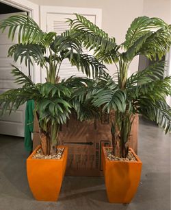 Pair of 5.5ft Artificial Triple Areca Palm Trees in Orange Ceramic Planters (Moving Sale!)