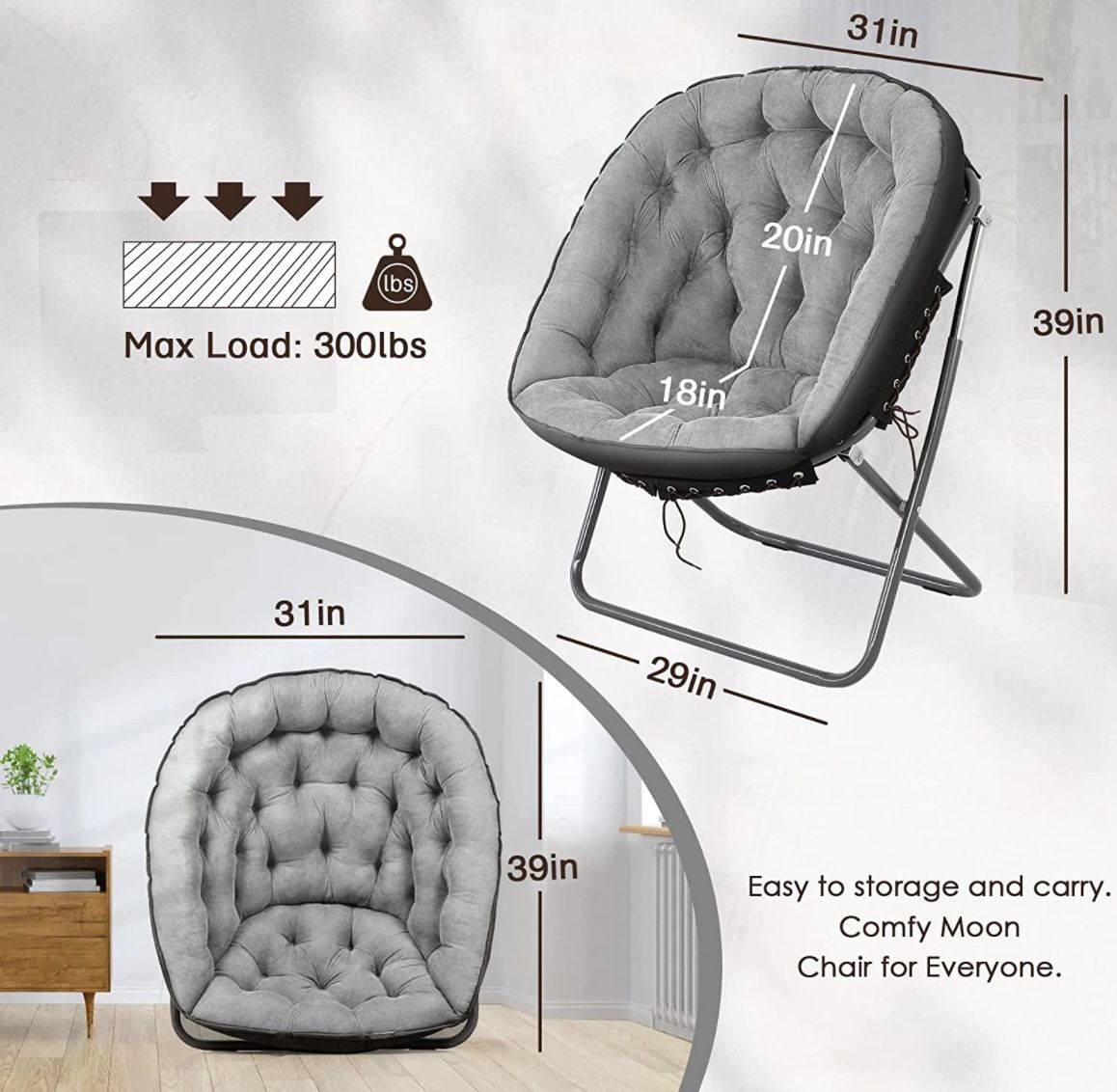 iw I WISH Saucer Chair for Adults, Oversized Saucer Chair, Folding Saucer Chair, Bedroom Papasan Chair, Comfy Moon Chair (Grey)