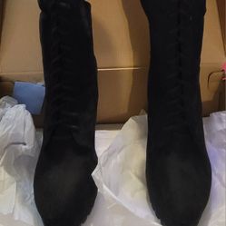 NEW In Original Box Black Thigh High Kace Up Front Faux Suede Boots