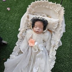 Antique Porcelain Doll In Carriage 