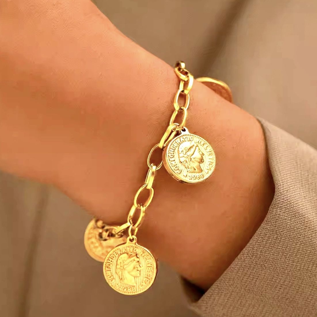 18k Gold Plated Stainless Steel American & European Coin Treasure Charm Bracelet