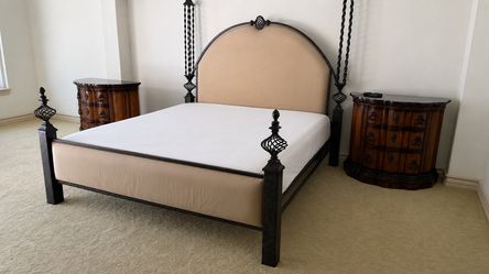 Bedroom set with two marble-topped nightstands; includes mattress and base.