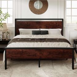 Queen Size Platform Bed Frame with Wooden , Mahogany S-28