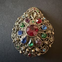 Vintage New England Glass Works Czech Filigree MultiColored Gemstones Pin Brooch