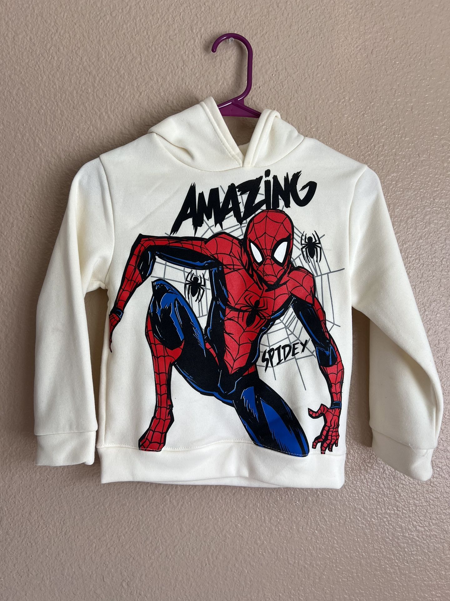 Amazing Spiderman Kids Cream Graphic Hoodie Pullover Sweater Size 5/6