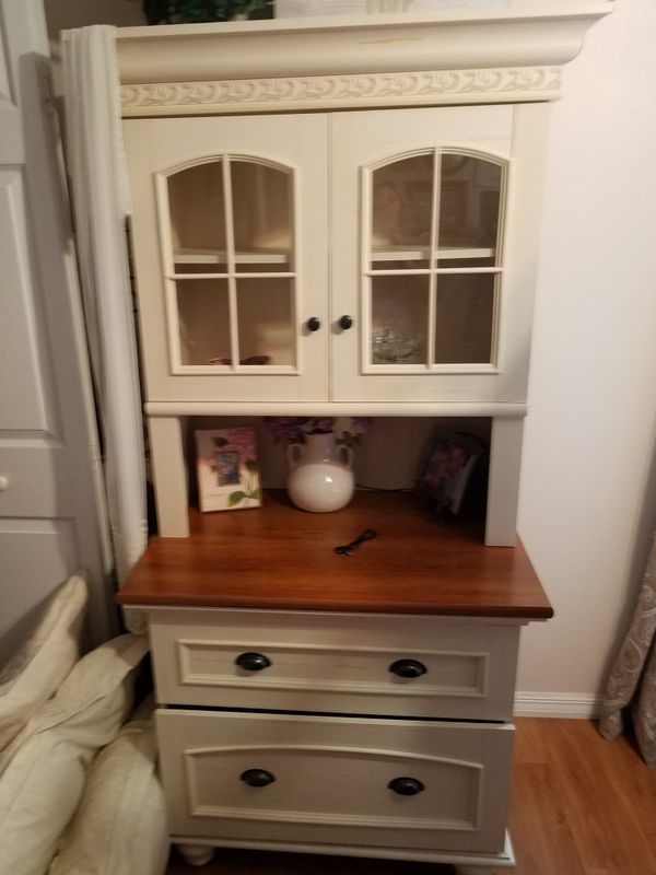 Antique White Hutch W File Drawer 2 Bookcases 1 Tall 1 Short And