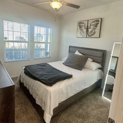 BROWN OAK WOOD bed W/ Upholstered Headboard ✅🛏️✅