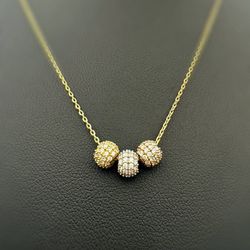10k solid yellow gold 3 tone balls CZ stones charm necklace 17” chain