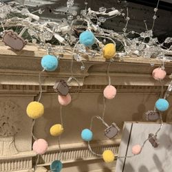Pusheen Pastel String Lights with Blue, Yellow, and Pink Pom Poms