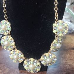 Vintage Faux Pearl & Crystal & Jade Chunky Necklace 