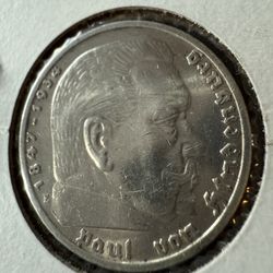 1935 German 5 Reichmark Paul Von Hindenburg Silver Coin