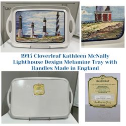 1995 Cloverleaf Kathleen McNally Lighthouse Design Melamine Tray with Handles Made in England