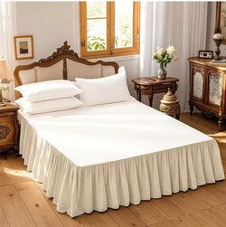 QKTE Belgian Linen Bed Skirt with 14 Inch Drop, Easy Fit Breathable Linen-Cotton