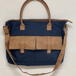 The AARP Classic Courier Organizer Laptop Bag Blue Brown Pockets Denim Shoulder Bag