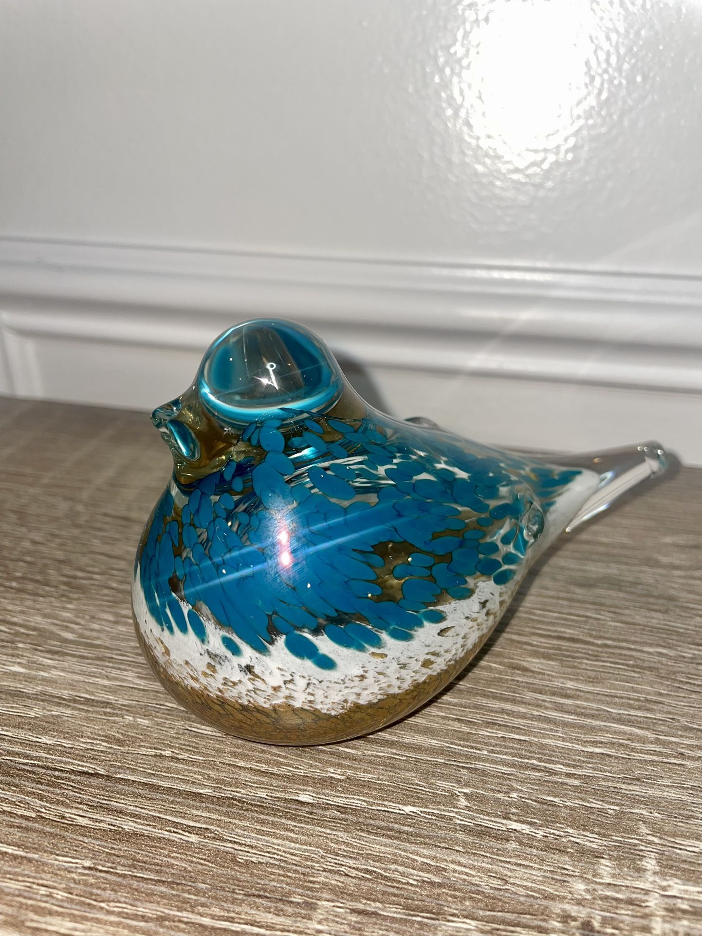 Blown Art Glass Blue Bird Paperweight Gold Speckled 5”nice piece Detailed. (#13)