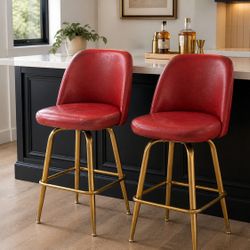 Modern Glam Bar Stools – Gold Base, Red Upholstered (Set of 2)