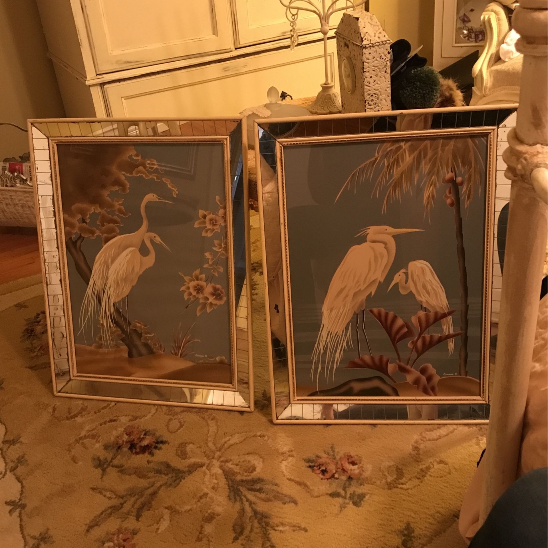 Pair Of Turner Egret Art Deco Mirrored Prints