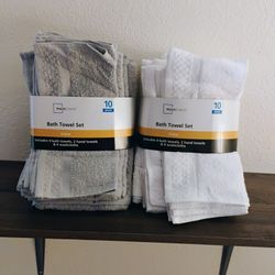 “Brand New 10-Piece Bath Towel Sets – White or Grey – $25 Each or 2 for $45”
