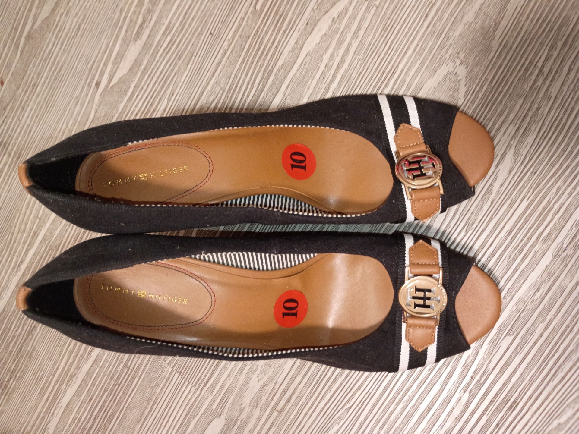 Tommy Hilfiger Black Linen Peep toe Shoe with Cork Wedge Heel {Size 10}