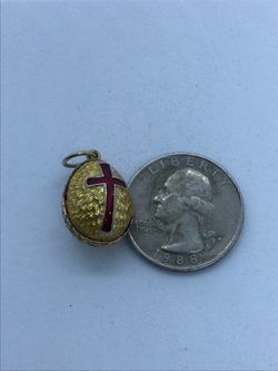 Vintage Yellow Enamel Silver Egg Red Cross Pendant Estate Jewelry