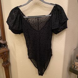 ZARA Women Black Sheer Polka Dot Puff Short Sleeve Bodysuit Size Small