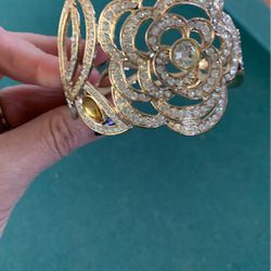 Gold Cuff Bracelet With Clear Rhinestones 
