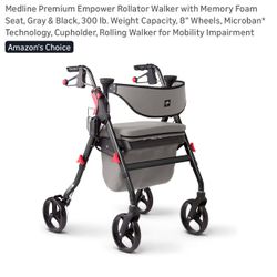 Medline Premium Empower Rollator Walker with Memory Foam Seat, Gray & Black, 300 lb. Weight Capacity, 8” Wheels, Microban* Technology, Cupholder, Roll