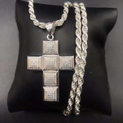 925 Sterling Silver CZ cross Pendant Rope Chain men’s Necklace Size 22”