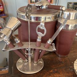 Vintage Stainless Steel & Leather Cocktail Bar Set