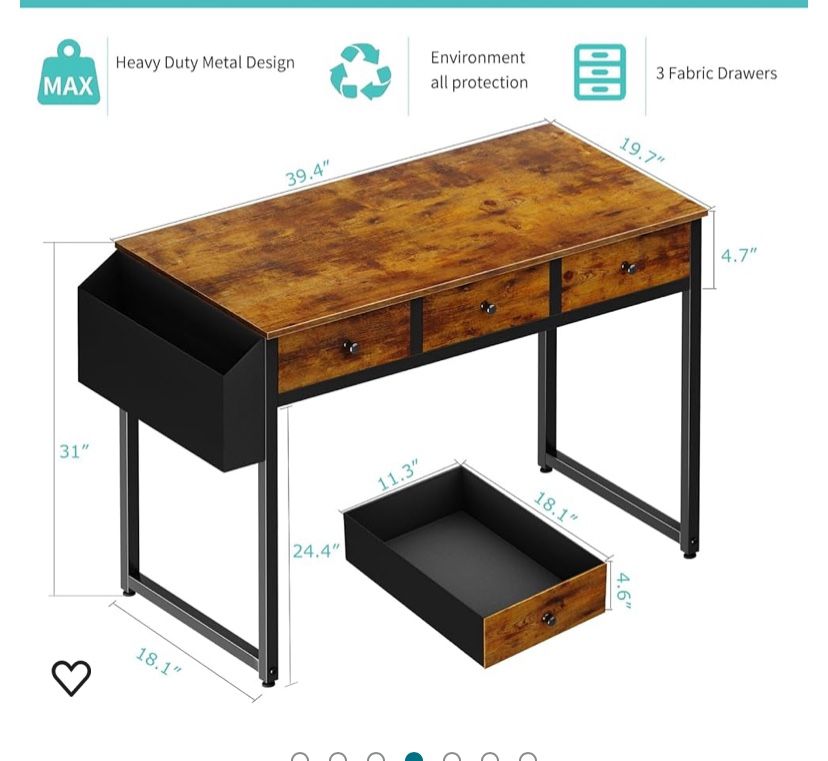 Lufeiya 40-inch desk with bedroom drawers, 39-inch home office desks with 3 fabric storage drawers and pocket, computer study table