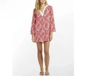 Lilly Pulitzer Woman’s Blouse Red White Coral Pattern Cotton Ripley Tunic, Sz L