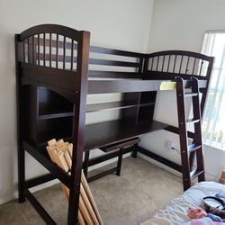 Dark Brown Wood Bunk Bed With Attached Extended Desk