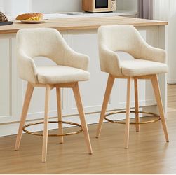 Swivel Counter Stools Set of 2, Wooden Counter Height Bar Stools with Back & Arm, Upholstered Linen Fabric Barstools with Solid Wood Leg & Gold Footre