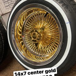 14x7 Center Gold Luxor Wire  Wheels  With 175-70-14 Whitewalls 
