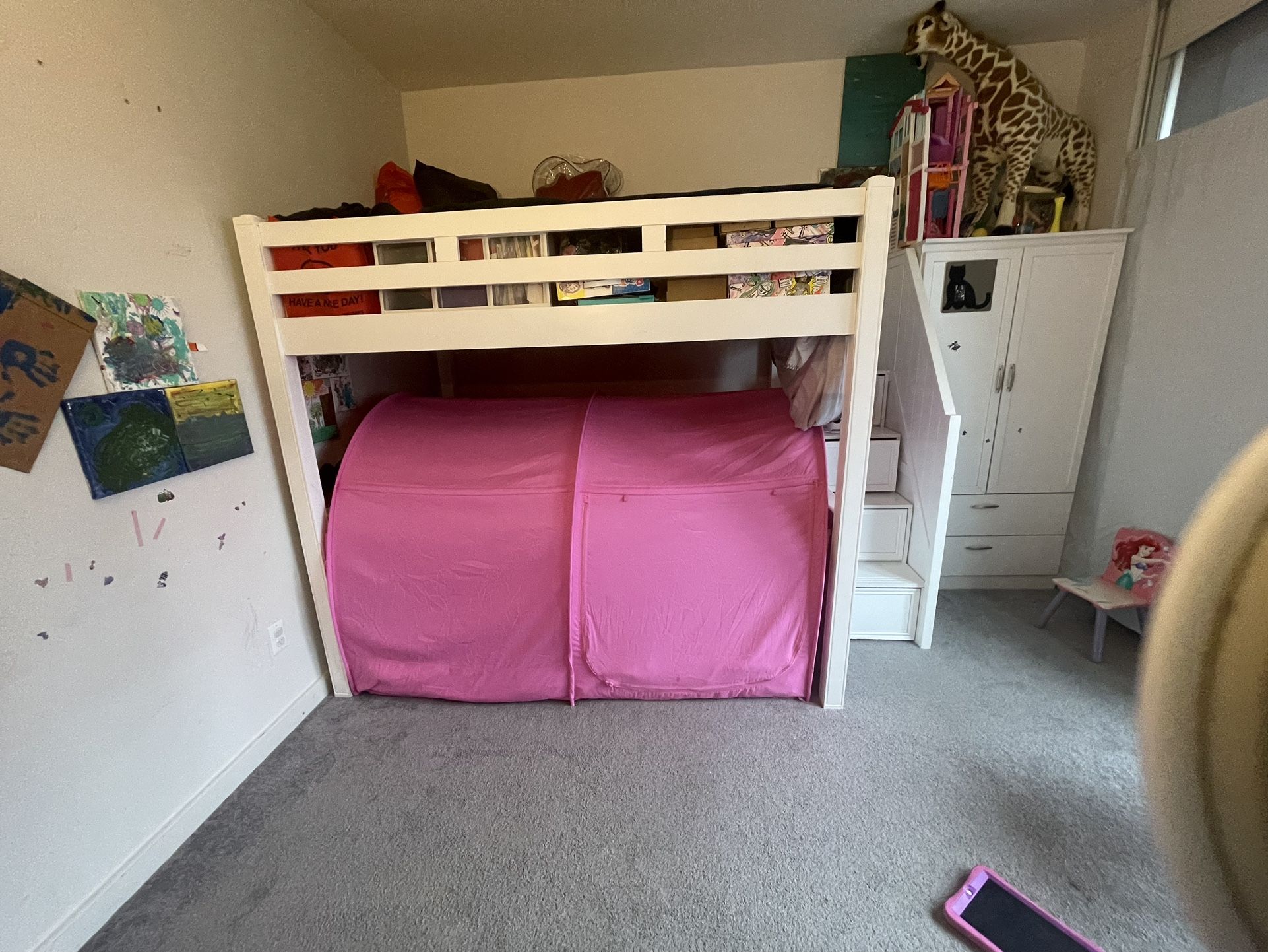 White Aloft Bunk bed Full Size Bed Stairs w. Storage/Drawers