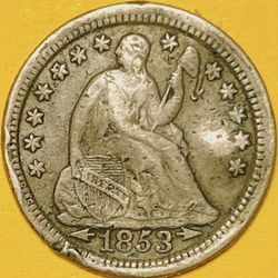 1853 U.S. SEATED LIBERTY SILVER HALF 1/2 DIME 5c COIN (VF-Very Fine)