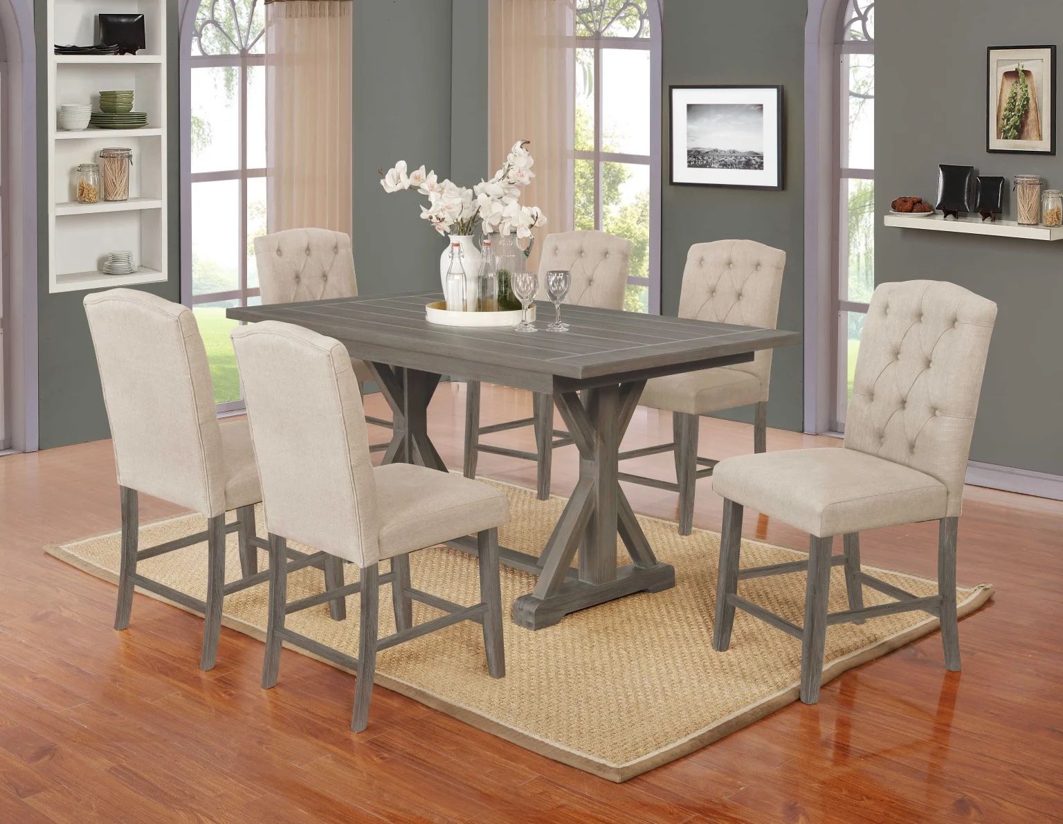 7pc Dining Table Set - Counter Height Table + 6 Beige Tufted Chairs
