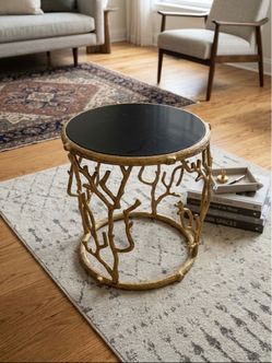 Modern Gold Branch Accent Table with Black Top