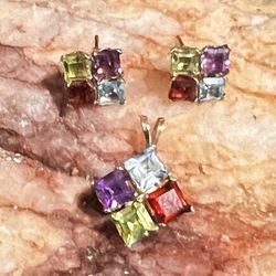 🌈  10K Gold Multi Stone Pendant & Stud Earrings