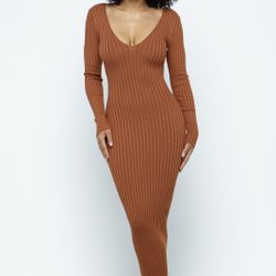Brown Ribbed Long Sleeve Dress
