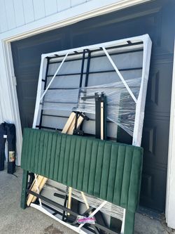 Full size green suede bed frame, headboard and footboard with box spring