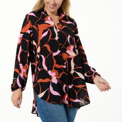 Colleen Lopez Collard Tunic with Gathered Sleeves Black Pink/Red Floral Blouse