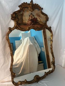 Antique Vintage Gold Gilt Rococo Wall Mirror w/ Romantic Painting – Large