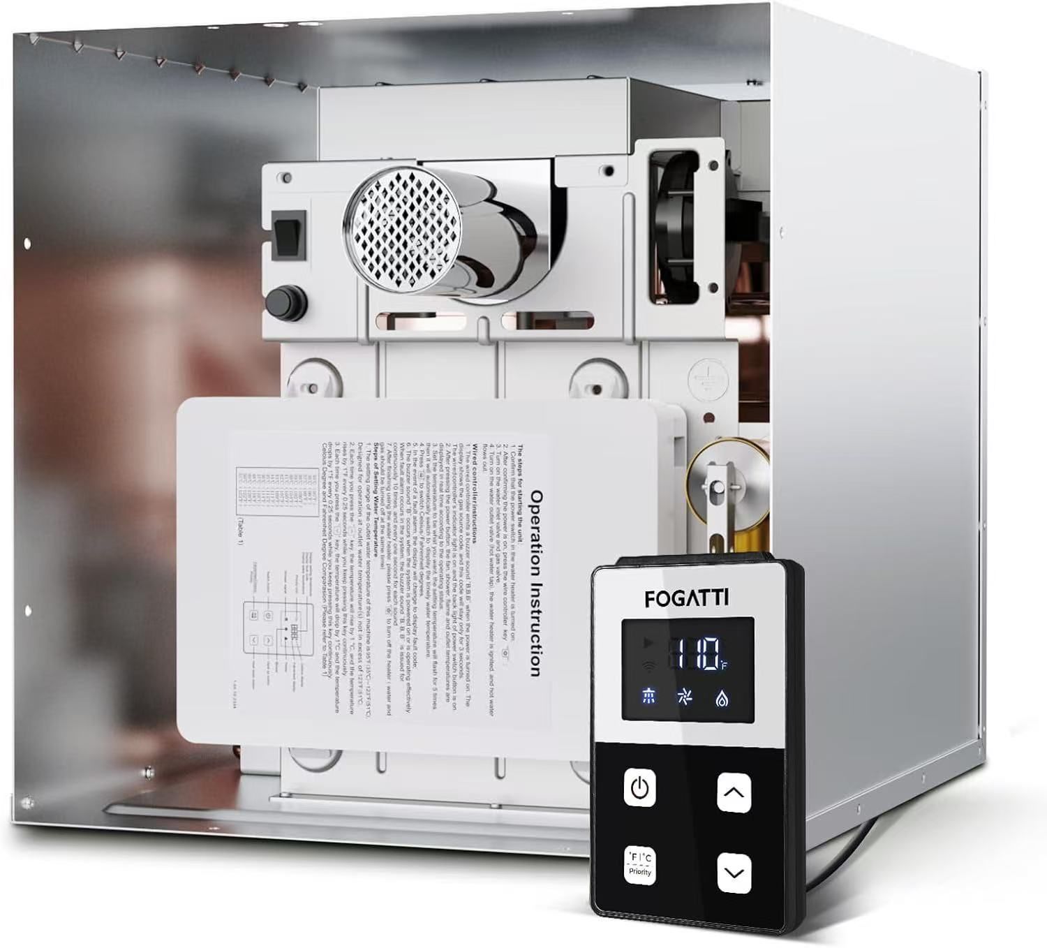 🥨FOGATTI RV Tankless Water Heater, InstaShower 7, 3 Optional Door Sizes 15"x15", 15"x18" and 18"x18" for Refitment, DC 12V, Optimized Summer Comfort