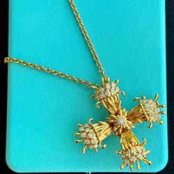 Tiffany & Co. 18k yellow gold 1.18ctw diamond Jean Schlumberger Maltese Cross Clip & 16” 3mm chain Necklace
