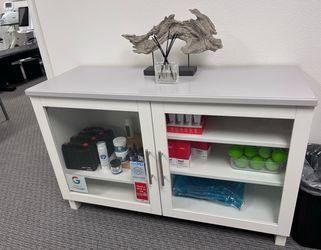 White Storage Cabinet with Glass Doors – $120 OBO