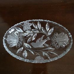 Cut glass oval relish dish (c.1940) with bird, butterfly, and floral motif
