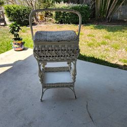 Vintage White Woven Wicker Sewing Basket