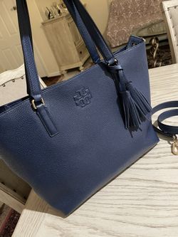 Tory Burch Large Thea Tote Bag Lap Top Bag Navy Pebbled Leather 